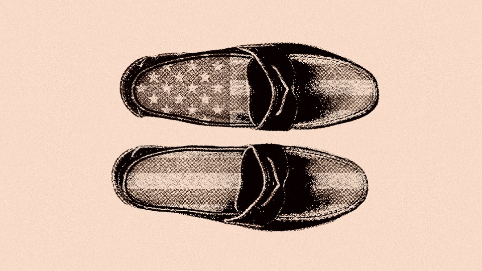 Photo-illustration of loafers seen from overhead with an American flag imposed on them
