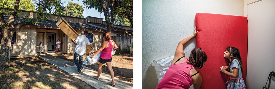 Left: Vinson and Brittany carry mattresses into their apartment while Lily and Tayvin wait anxiously on the porch. Right: Lily cuddles her first bed.