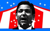 Illustration of Ron DeSantis with a backdrop of red, white, and blue with white stars.