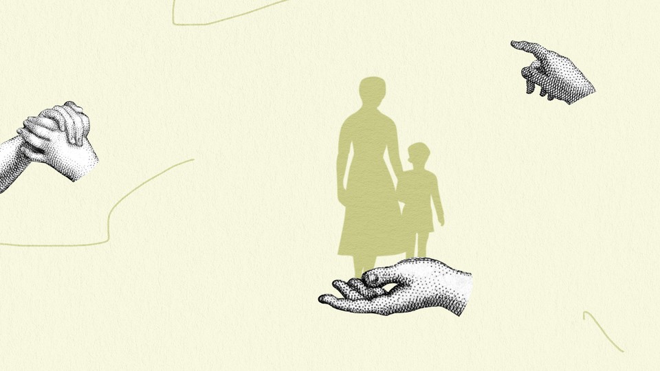 Illustration of hands and a mother and child.