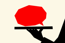 A cutout illustration of a red speech bubble served over a platter; a black silhouette is holding the platter