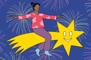 A woman rides a smiling shooting star, with fireworks in the background.