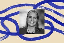 A black-and-white photo of Fiona Hill, surrounded by an illustrated border