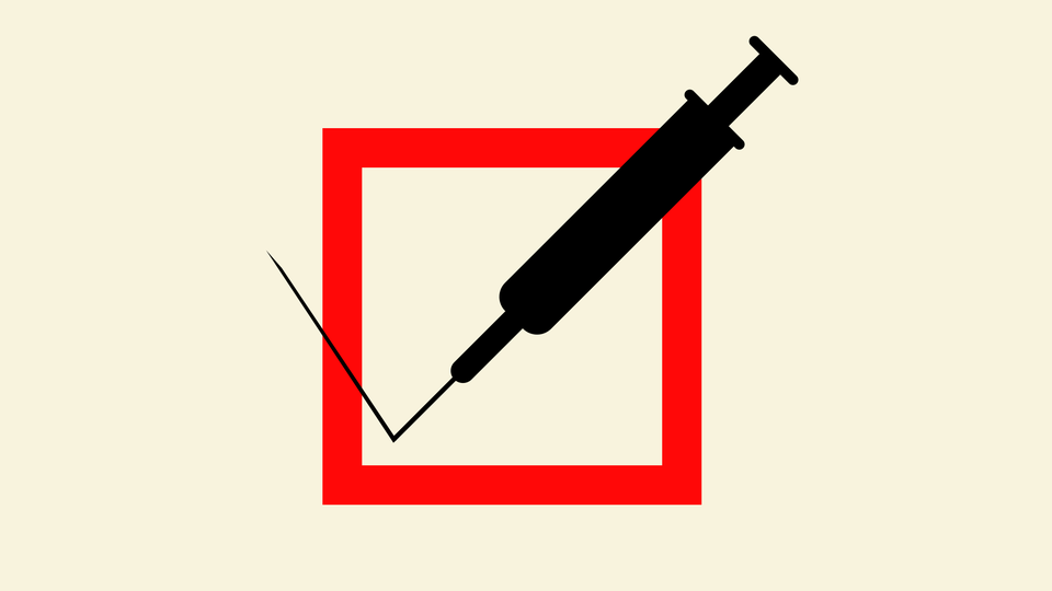 A syringe bent into the shape of a checkmark, superimposed over a red square