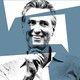 Illustration with square speech bubbles overlayed atop a black-and-white photograph of Gavin Newsom