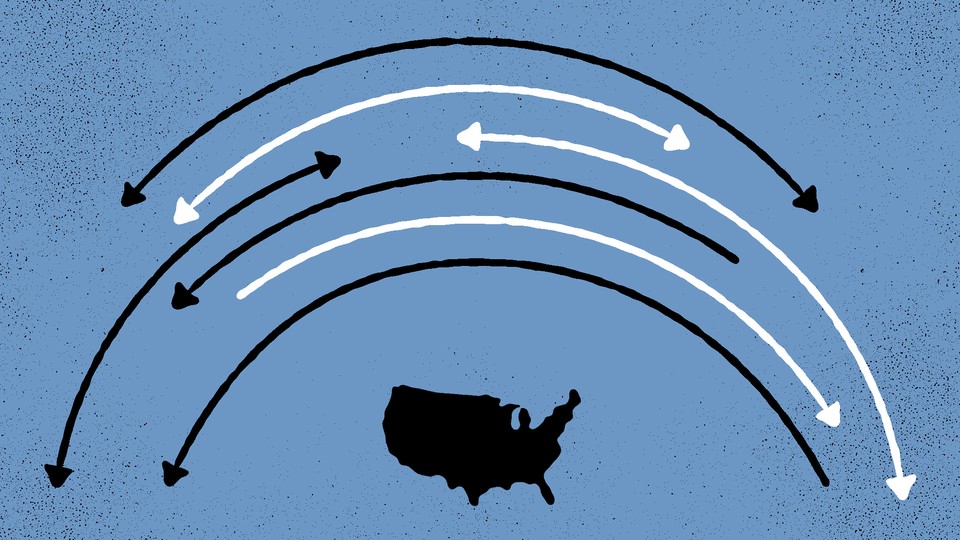 Illustration of the United States with black-and-white arrows going around it