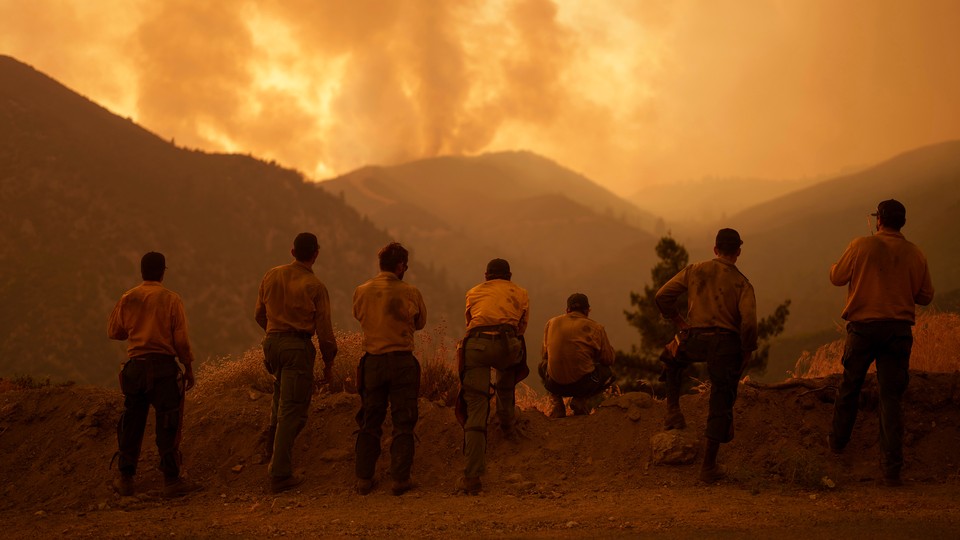 a row of people look out on the Line Fire in the hills