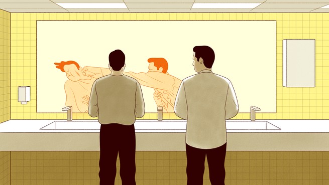 illustration of two men looking in a bathroom mirror