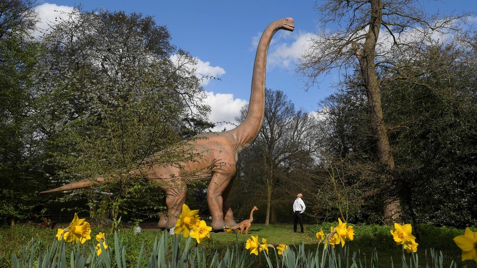 A man views an animatronic life-size dinosaur at Osterley Park in west London, in March 2017.