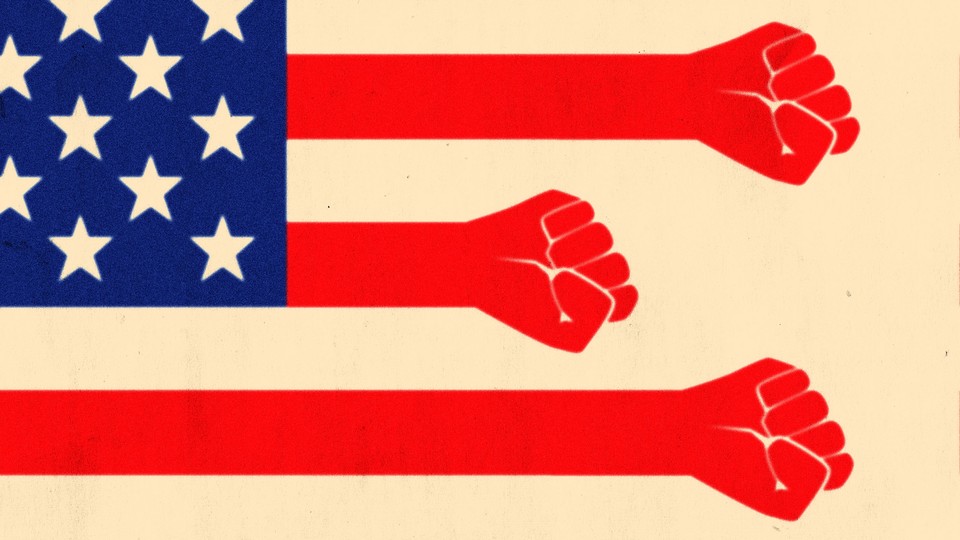 An American flag, but the red stripes are instead red arms and fists.