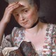 A painting of an exasperated woman holding a book