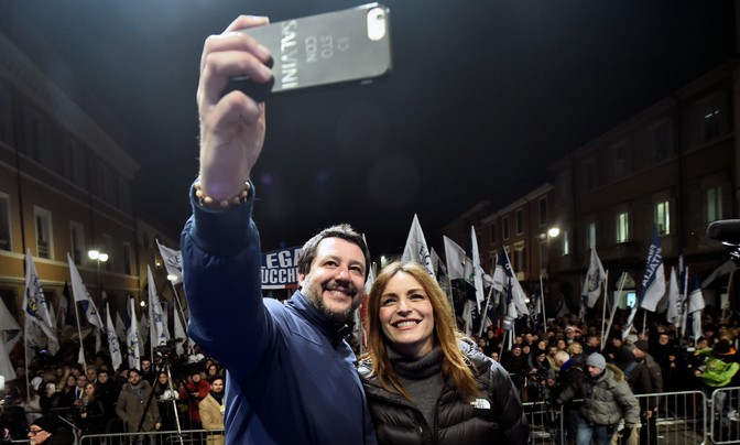 Matteo Salvini takes a selfie with Lucia Borgonzoni, his party's candidate for the presidency of the Emilia Romagna region, during a rally in Ravenna.