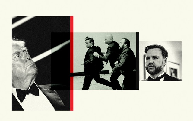 From left to right, Donald Trump in a tuxedo, Mike Johnson being evacuated by two security agents, and JD Vance in a tuxedo (all in black and white)