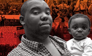 The author and his son, laid over images of Black Lives Matter and civil-rights protests
