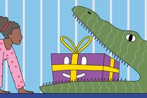 Illustration of a child crawling on the floor toward an alligator with a present in its mouth