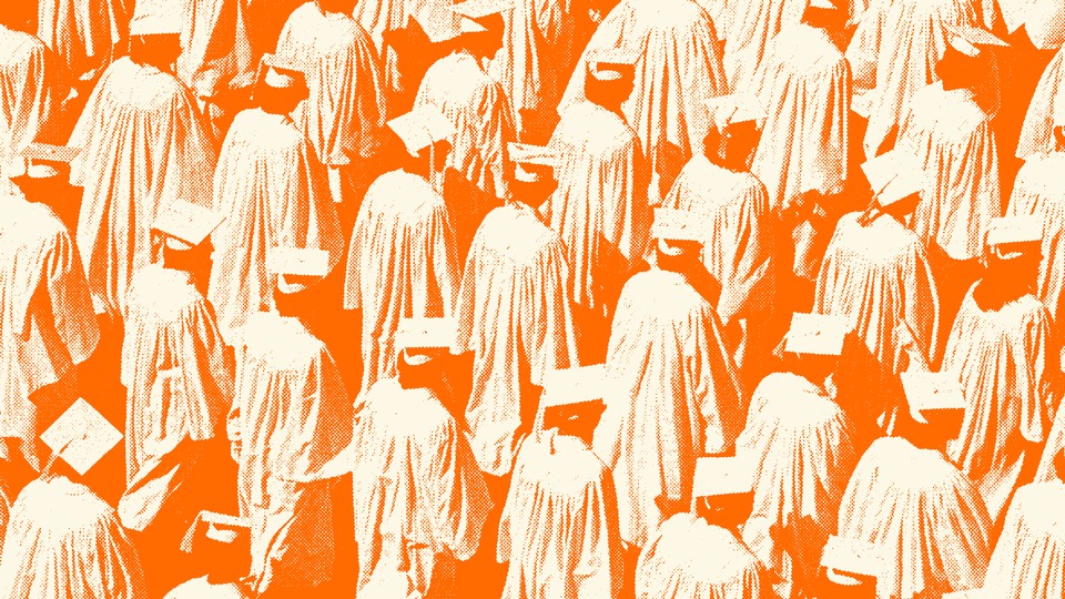 An orange-tinted photo of rows of college graduates wearing caps and gowns