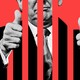 An illustration of Donald Trump making the thumbs-up sign behind bars