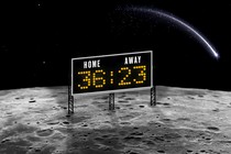 Illustration of a football scoreboard showing 36–23, on the surface of the moon.