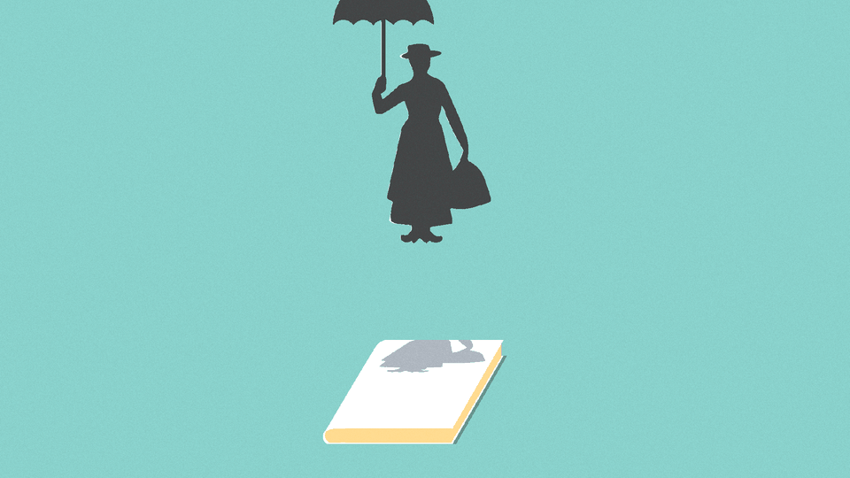 A silhouette of Mary Poppins flying above a book