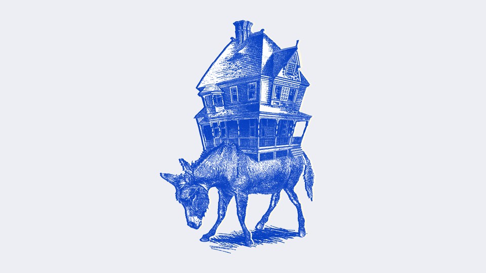 Sketch of a blue donkey with a large house on its back