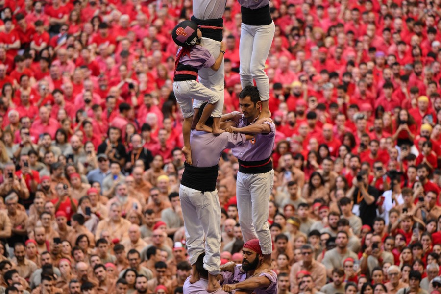 A close of view of the upper tears of a human tower, with a large crowd of people in the background