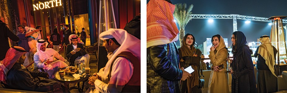 2 photos: 4 young men in shemagh or ghutrah and thobes sit at a cafe table with disposable coffee cups; 3 women laugh talking to person in shemagh and black coat in front of well-lit raceway