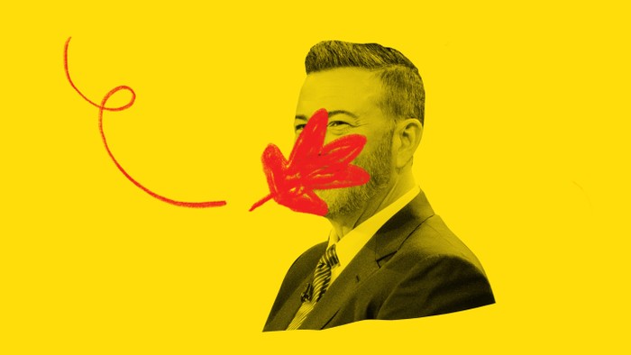 A leaf illustration over Jimmy Kimmel's face
