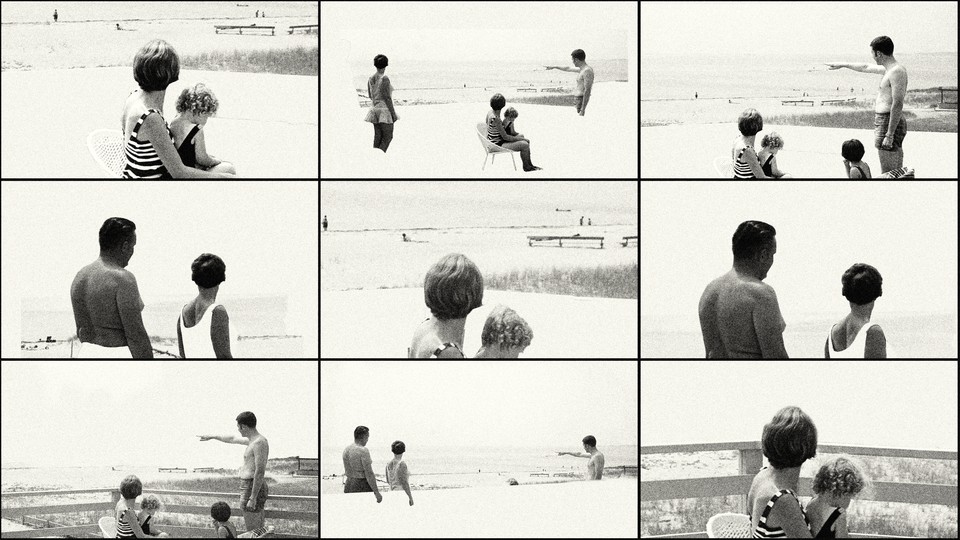 A grid of family photos, showing men, women, and children turned away from the camera at the beach