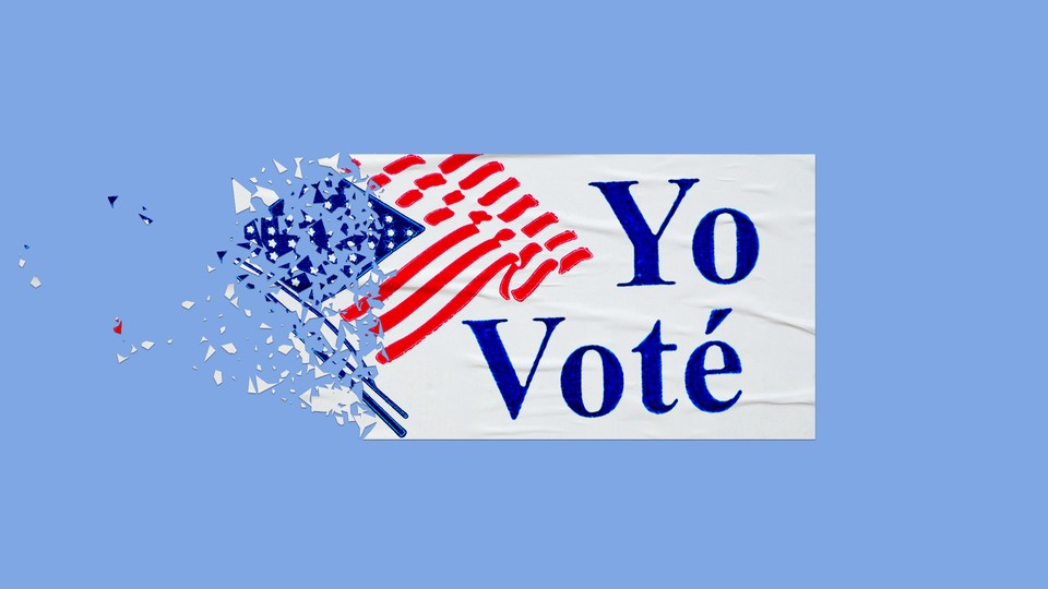 An illustration of a "Yo Voté" sticker disintegrating.