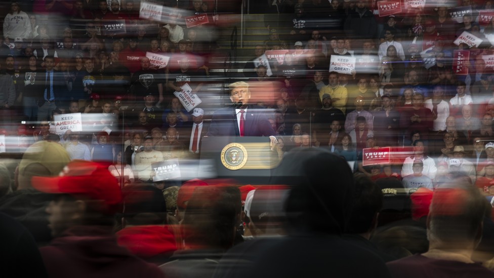 A photo of Donald Trump at a rally.