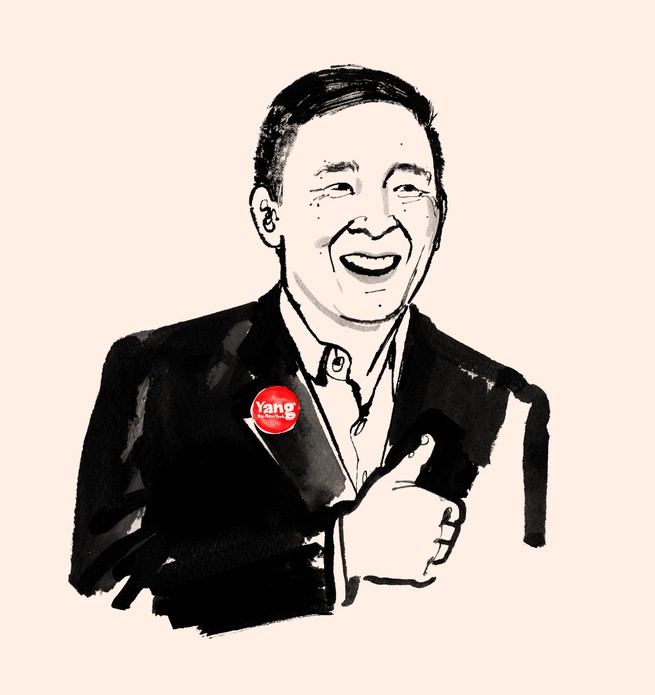 ink illustration of Andrew Yang giving a thumbs up