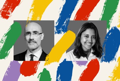 Side-by-side black-and-white portraits of "How To" Season 3 producer Rebecca Rashid (right) and host Arthur Brooks (left), surrounded by rainbow brush strokes
