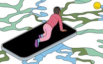 Illustration of a person flying on a smartphone like it is a magic carpet, through clouds, toward a smiley face in the distance