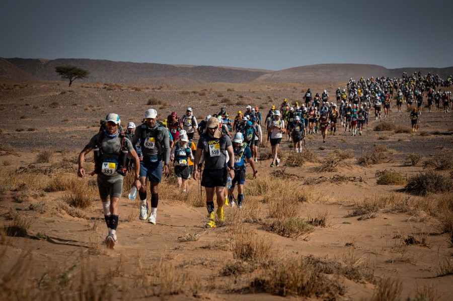 Dozens of athletes cross a broad desert.