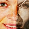 A photograph of Pamela Anderson's face, half in color and half in black and white