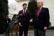 House Speaker Paul Ryan and Senate Majority Leader Mitch McConnell address the press outside of the White House.