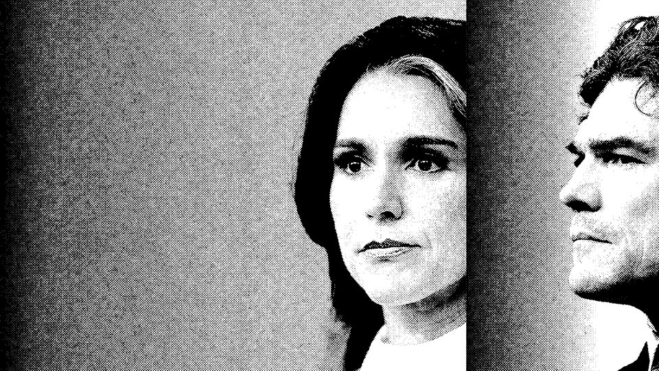 Black and white photos of Tulsi Gabbard and Joe Kent
