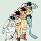 row of people in astronaut helmets wearing different explorer uniforms