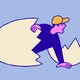 a cartoon drawing of a figure in a baseball cap crawling out of an egg shell