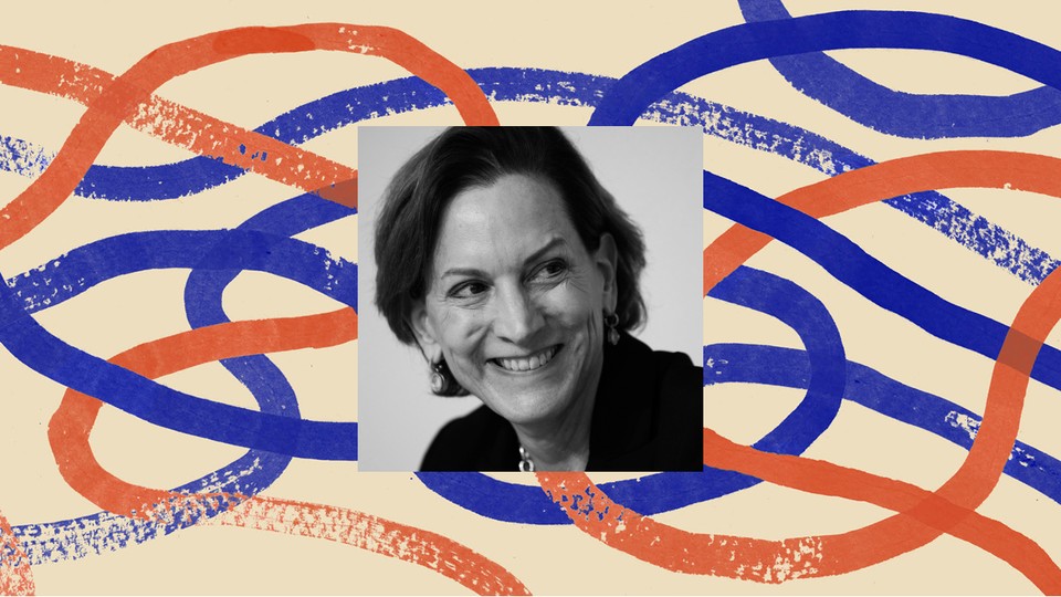 A black-and-white headshot of Anne Applebaum bordered by an orange-and-blue illustration