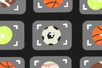 An illustrated collage of baseballs, tennis balls, basketballs, and footballs, each positioned within a camera viewfinder.