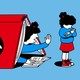 An illustration of a mother crawling out of a giant book and trying to get her daughter's attention. Her daughter stands aside, arms crossed.