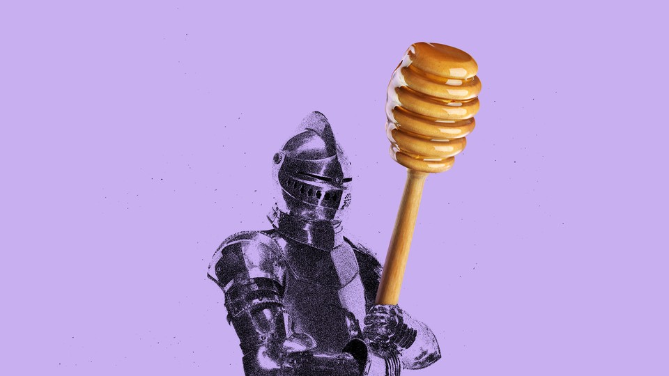 a knight holding a honey stick