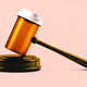 An illustration showing a judge's gavel whose head is a pill bottle