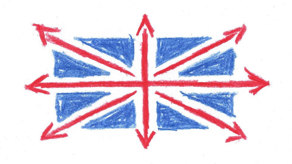A drawing of the Union Jack with the red lines turned into arrows pointing outward