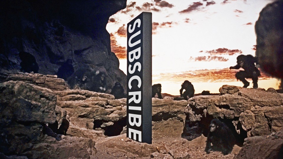 A sign reading "Subscribe" in the center of a rocky landscape featuring apes.