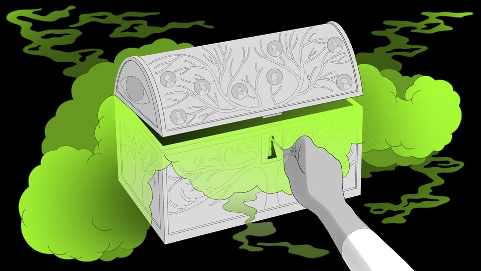 A locked chest, with a family tree engraved on it, being opened—green smoke spills out