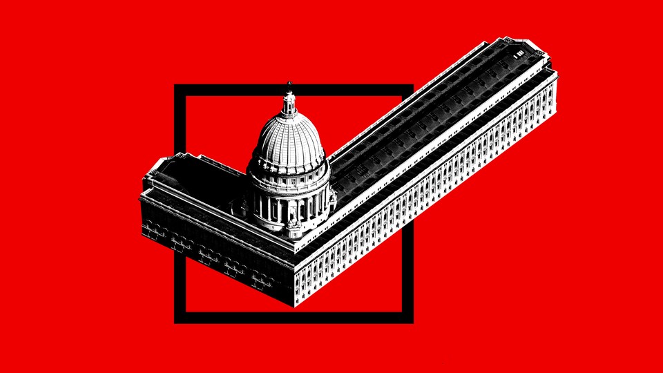 Illustration showing a checked box, but the check mark is actually two of the four wings of the Wisconsin state capitol.