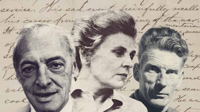 portraits of three authors superimposed over handwriting in the background