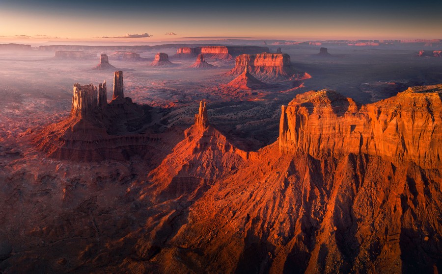 An elevated view of many buttes in Monument Valley